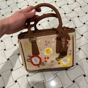 Woven Floral Embroidered Mini Tote - Brown